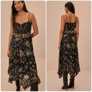 FARM Rio Winter Garden Black Pleated Lace Sleeveless Midi Handkerchief Hem Dress
